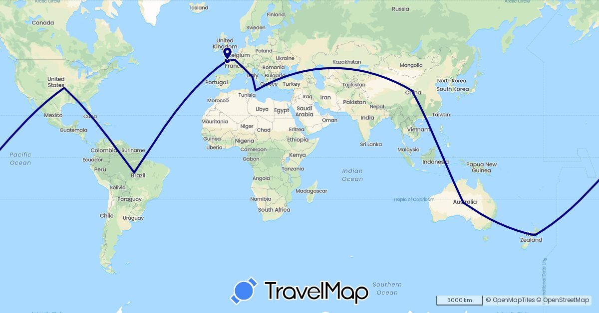 TravelMap itinerary: driving in Australia, China, France, Greece, Italy, Malta, New Zealand, United States (Asia, Europe, North America, Oceania)